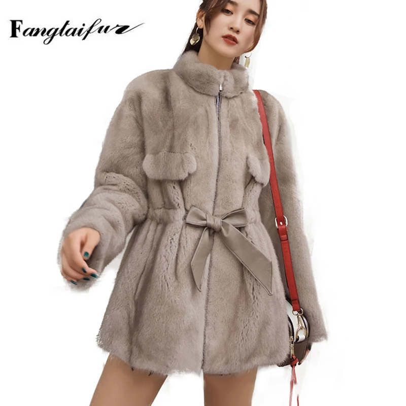 Ftangaiur Winter Import Velvet Mink Fur Coat Loose Mink Coat Women Long Sleeve Mandarin Collar Medium Natural Real Fur Coats