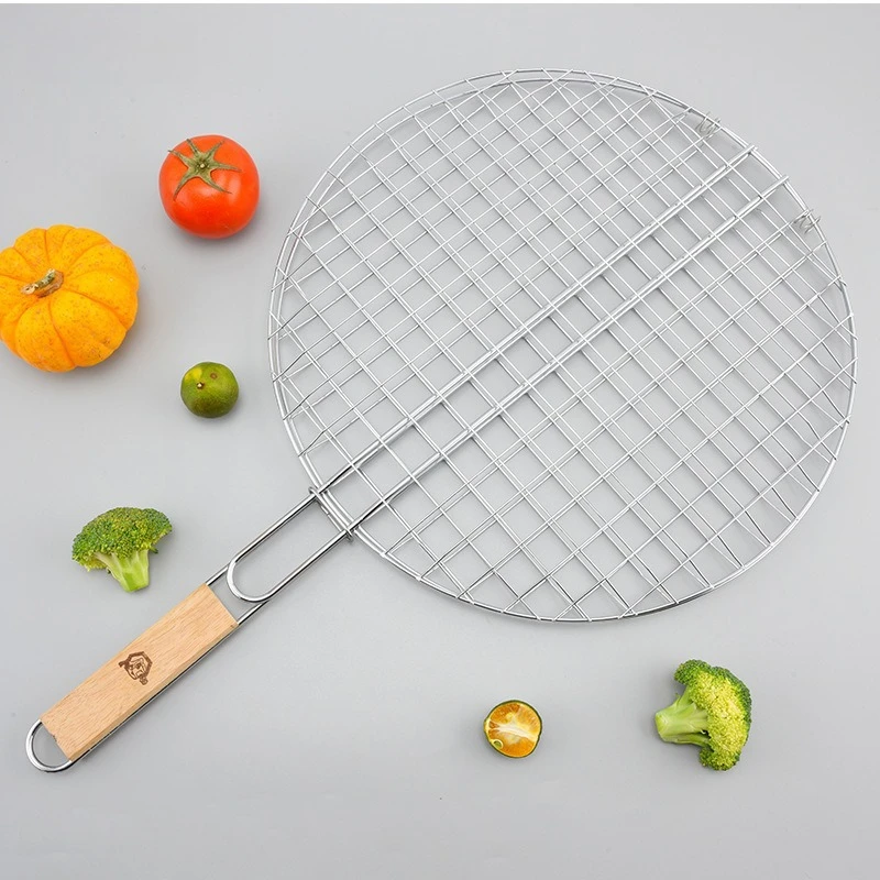 

Круглая большая сетка для гриля для барбекю с деревянной ручкой, сетчатые инструменты, зажим для рыбы, уличная сетка для камина из нержавеющей стали