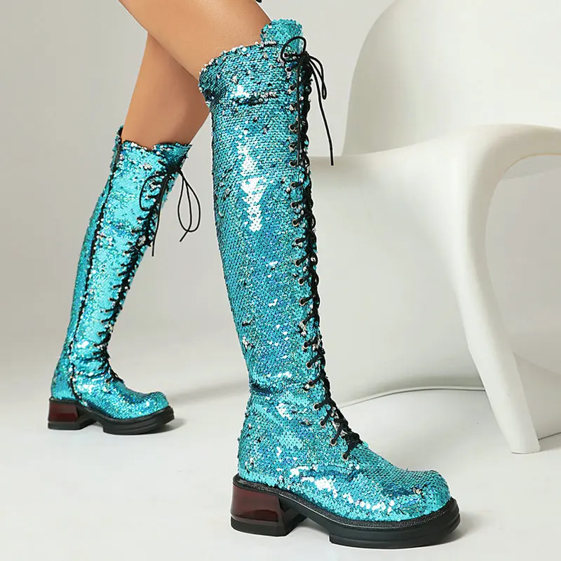 2025 novas mulheres sobre o joelho botas plataforma salto quadrado senhoras botas longas bling couro do plutônio dedo do pé redondo cruz amarrado botas femininas