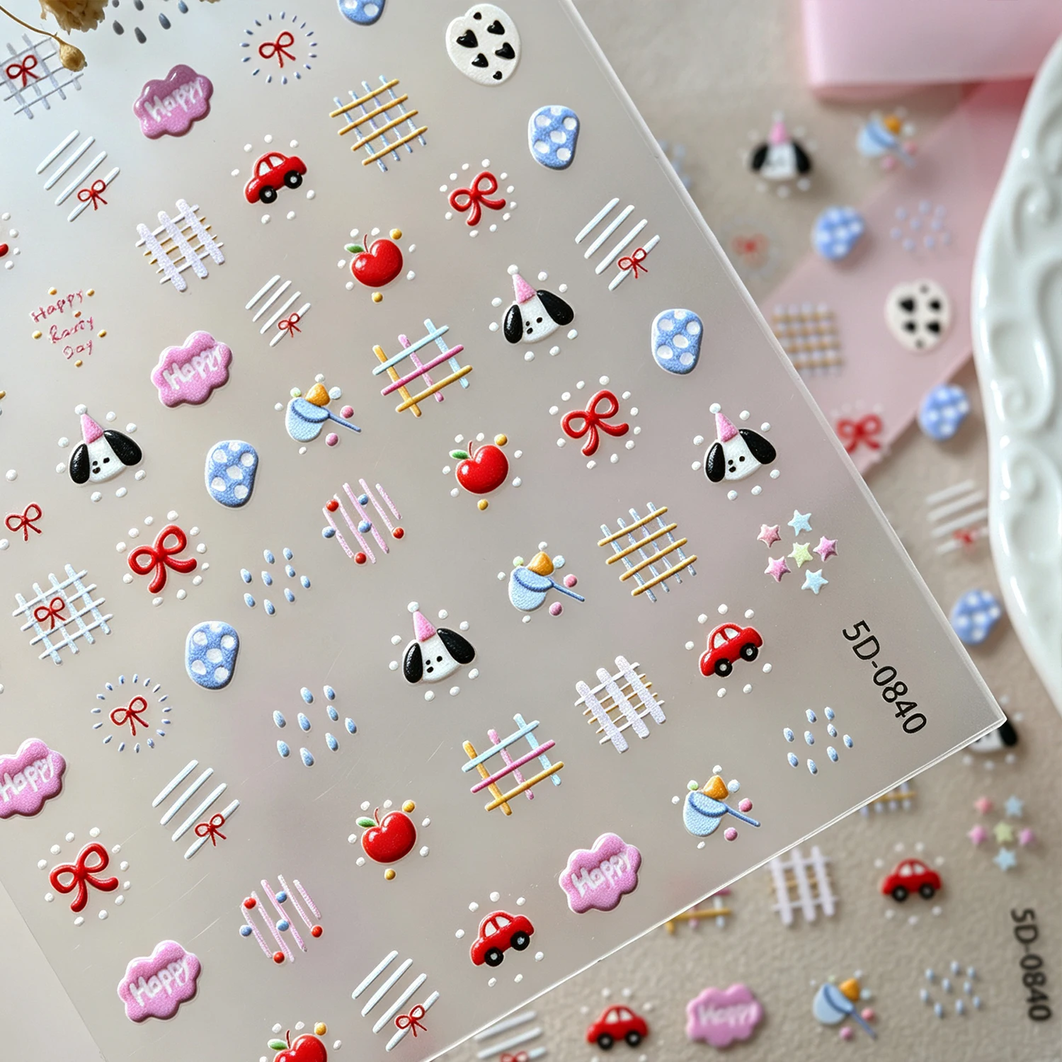 1pcs 5D Embossed Cute Birthday Dog Nail Sticker Japanese Cartoon Graffiti Lines Apple Red Car Puppy Bowknot Love Nail Decals DIY