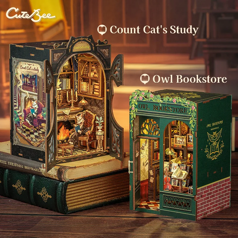 CUTEBEE DIY Book Nook Kit Miniaturowy domek dla lalek z lekką drewnianą półką na książki Retro Booknook Decor na prezenty Seria Bookshop