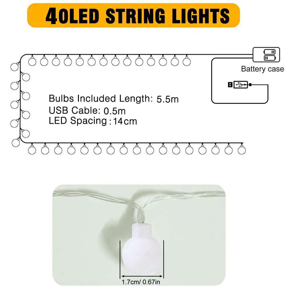 مجموعة واحدة من مصابيح غلوب الجنية، 6 متر 40 قطعة سلسلة أضواء LED USB/بطارية تعمل بالطاقة في الهواء الطلق أضواء سلسلة كروية داخلية مع وضعين للتحكم #6