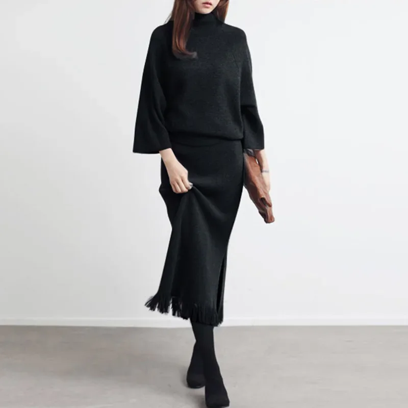 Autumn Women's Knitted Suit Fashion Casual Solid Color Loose High Collar Pullover Sweater Long Fringe Skirt 2pcs Matching Set