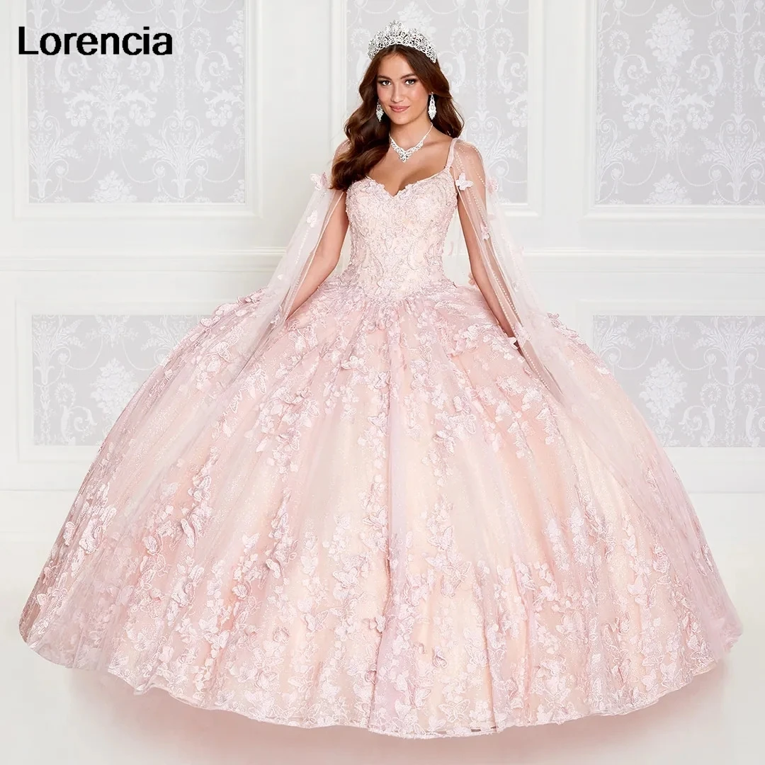 

Lorencia Pink Quinceanera Dress Ball Gown Lace Applique Butterfly Beaded Crystal With Cape Sweet 16 Vestidos De 15 Años YQD780