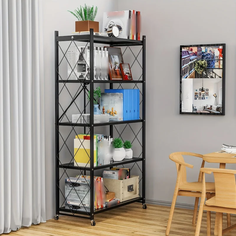 Custom.Versatile 3/4-Tier Foldable Storage Rack with Wheels - Metal Rolling Cart Books, Kitchen, Pantry & Closet Organizatio