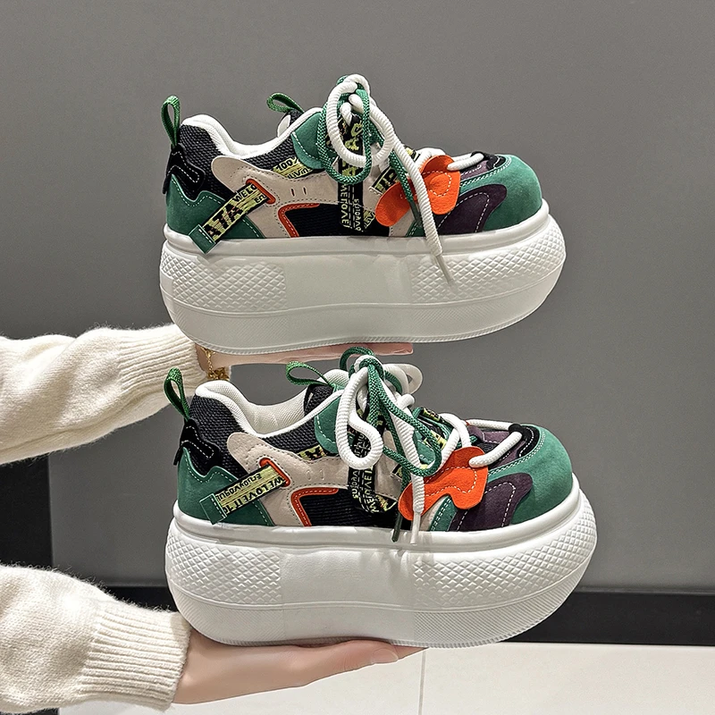 

9CM High Platform Sneakers Women Casual Leather Sport Shoes New Autumn Vulcanized Skateboard White Shoes Woman Chaussures Femme