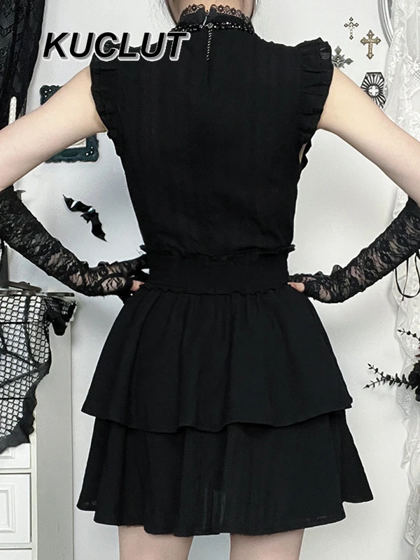 High Street Style Gothic Sleeveless Dress Short Sleeve Shirt Fashion Vintage Y2k Punk Solid Color Women's Casual Dresses