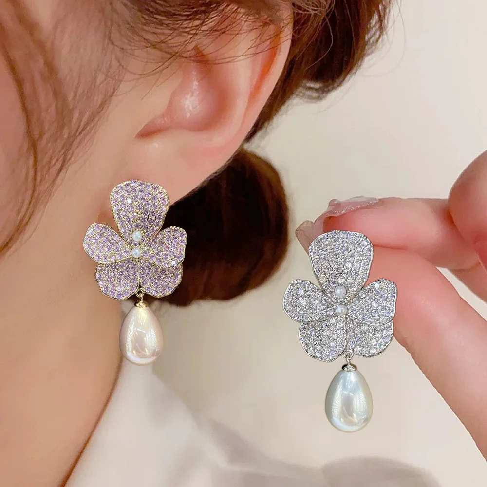 

Missvikki Sweet New Trendy Big Flower Pendant Earrings for Women Girl Fine Bridal Wedding Party Shiny Jewelry High Quality