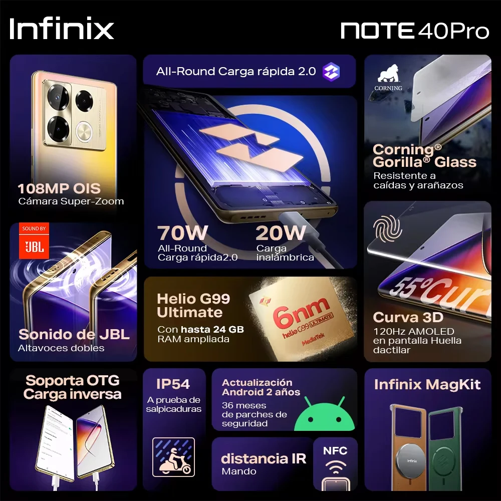 Infinix-smart phone Note 40 Pro 4G 8 + 256GB MediaTek Helio G99 3d-curved AMOLED screen 6,78 120Hz 108MP NFC camera