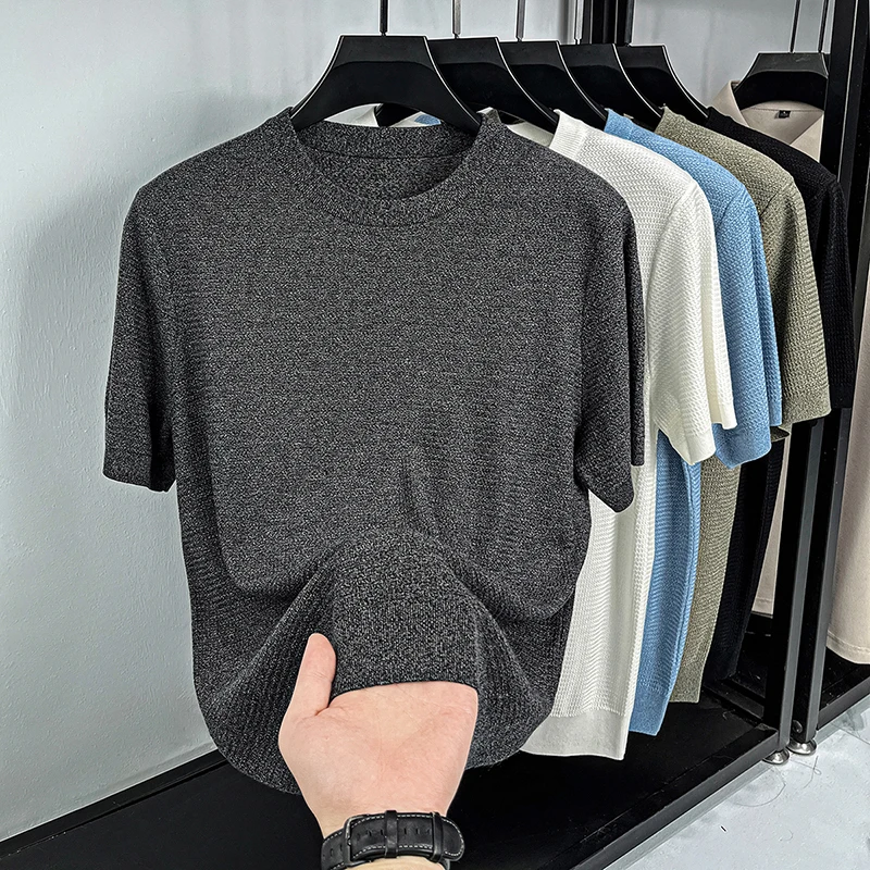 

High-End 100% Lyocell Knit Round Neck Short Sleeve T-Shirt For Men New Summer Cool Fashion Casual Knit Top Men'S Clothing