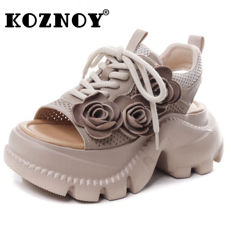 

Koznoy 7cm Cow Genuine Leather Women Flats Pumps Peep Toe Flower Platform Wedge Ladies Hollow Summer Fashion Sandals