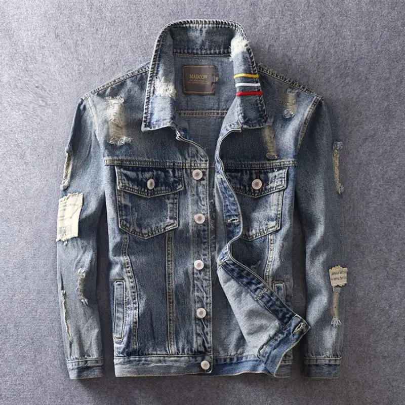 

GELITAYIN Denim Jackets Man With Embroidery Ripped Cowboy Coat For Men Hole Oversize Autumn Joker Low Price Of Fabric Size L Clo