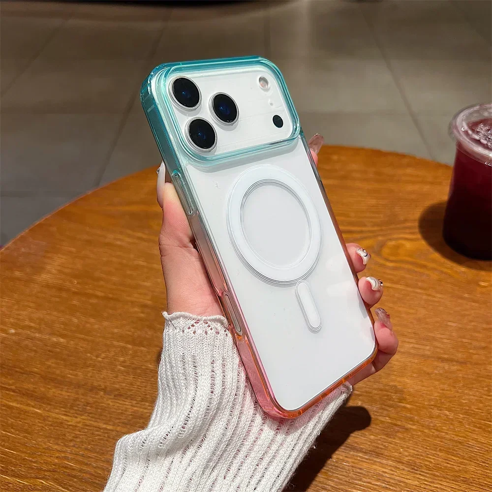 GradientสีสันสําหรับMagsafeเคสโทรศัพท์แม่เหล็กสําหรับ 17 Air 16E 15 14 Plus 13Mini 12 11 Pro Max Clear Wireless Chargeฝาครอบ