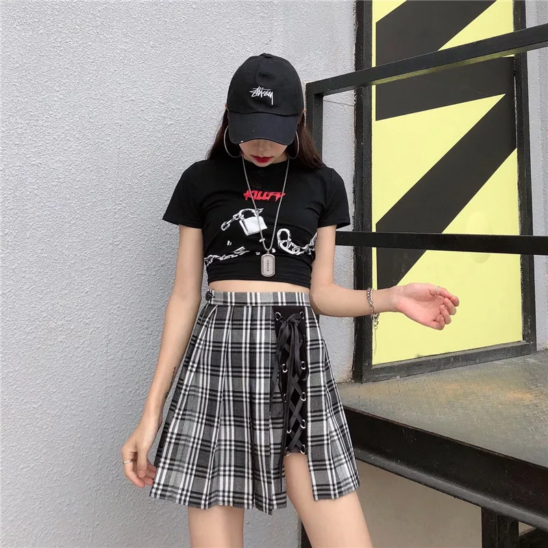 Chic JK Uniforme Gonna irregolare con lacci scozzese grigio giapponese Estate Nuova linea a vita alta Gonne corte versatili che riducono l'età