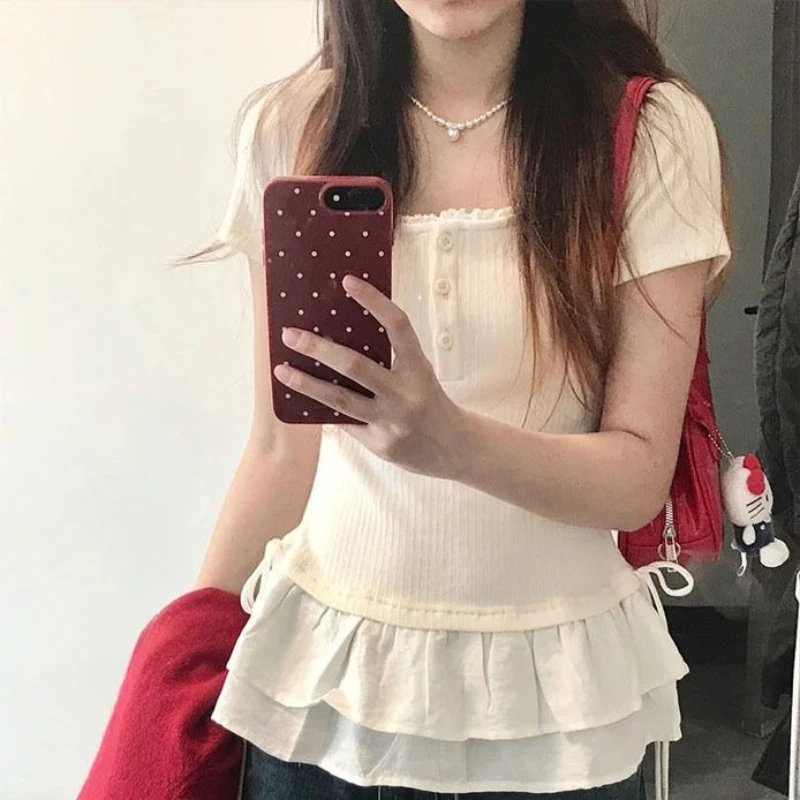 

Pure Lust Lace Stitched U-neck Strappy Short Sleeve T-shirt Women's Summer Slim Korean Top