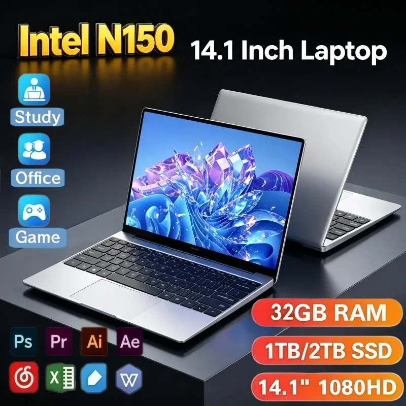 Best Seller 14.1 Inch Ultra Slim Laptop Intel N150 32GB RAM 2TB SSD Win11 Office Study Daily Gaming Notebook PC