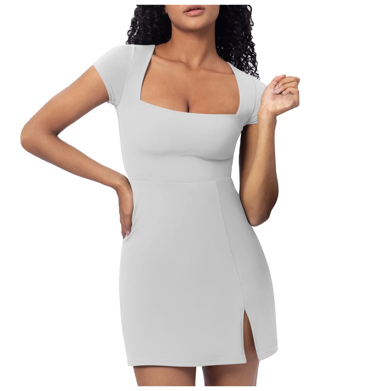

Women Elegant A-line Dress Spring Summer Solid Color Long Sleeve Square Neck Split Hem Short Dresses for Party Club Streetwear