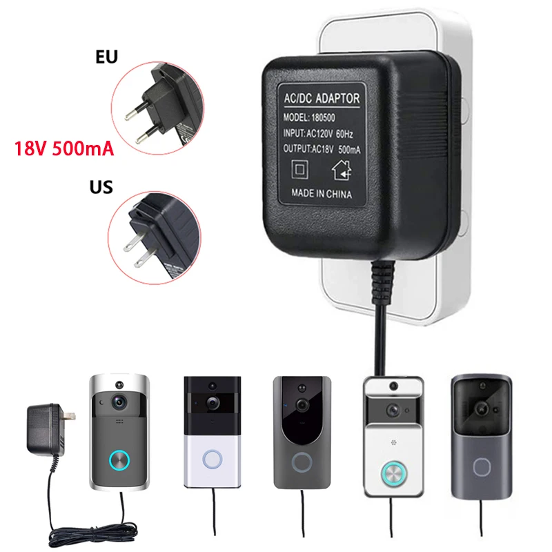 Adaptador de Alimentação AC Transformador Carregador, 18V, UE, US Plug, 220V-240V, WiFi, Câmera de Vídeo Inteligente, Vídeo Intercomunicador Porta Bell Ring