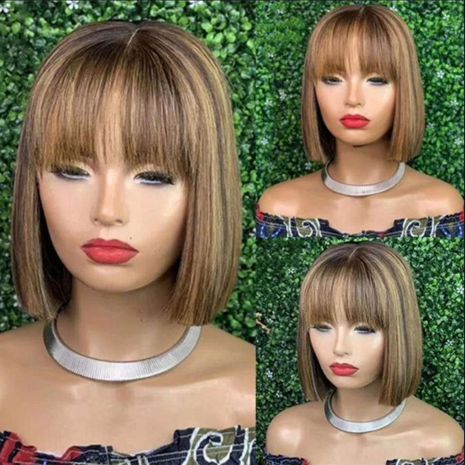 Natural Straight Bob Lace Wigs 100% Human Hair Wigs With Bangs #4/27 Brown Fringe Middle Part Bob Lace Wigs Realistic Scalp