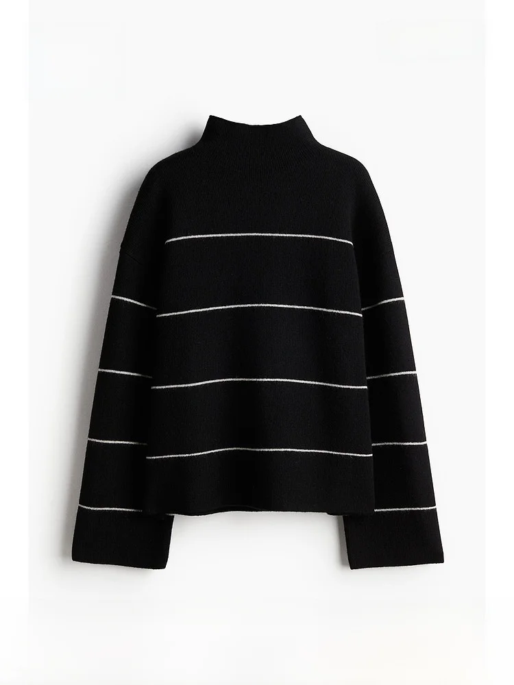 

H&M Women's Wool Blend Casual High Neck Knitwear Fashionable Loose Fit Long Sleeve Regular Length Autumn Season Woolen Top