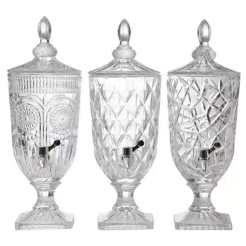 2L 3L 5L Glass Juice Jug with Lid Tap Embossed Soda Bottle Clear Beverage Dispenser