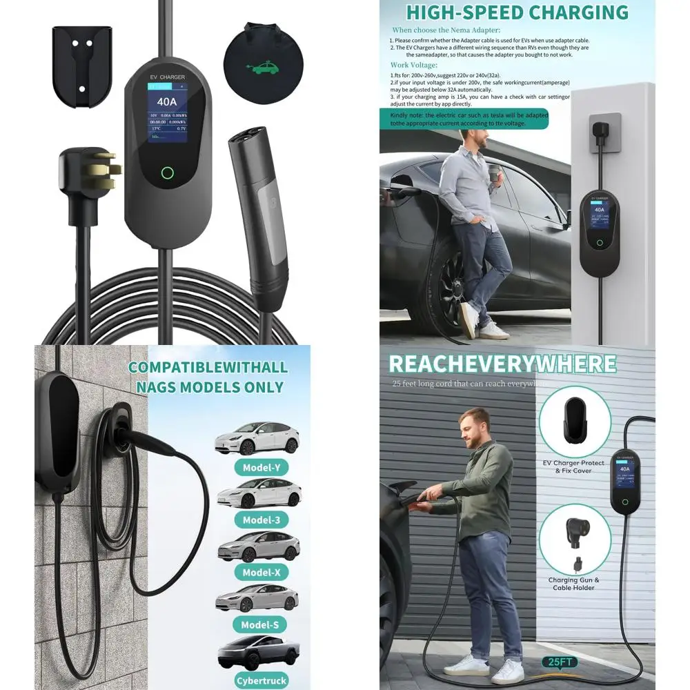

Зарядное устройство Tesla Level 2 (беспроводное приложение WiFi), 240 В, 40 А, 9,4 кВт, вилка NEMA 14-50, шнур длиной 25 футов — портативный/домашний разъем NACS, электрический