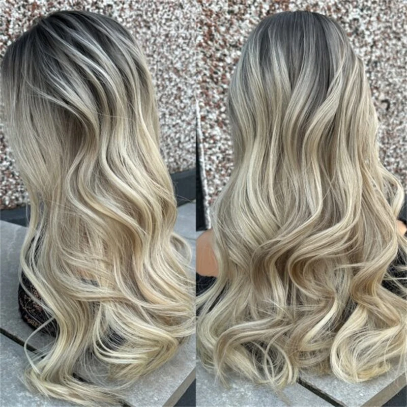 Party Daily Cosplay Wig Ombre Ash Blonde Synthetic Lace Front Wig Invisible Transparent Lace 28 Inch Long Wave Wig for Women