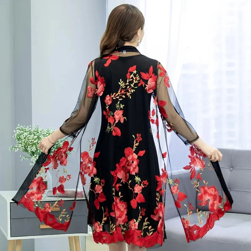Summer New Ethnic Style Embroidered Cardigan Jacket Women Large Size Thin Long Sun Protection Clothes Female Lace Shawl Coat 5XL