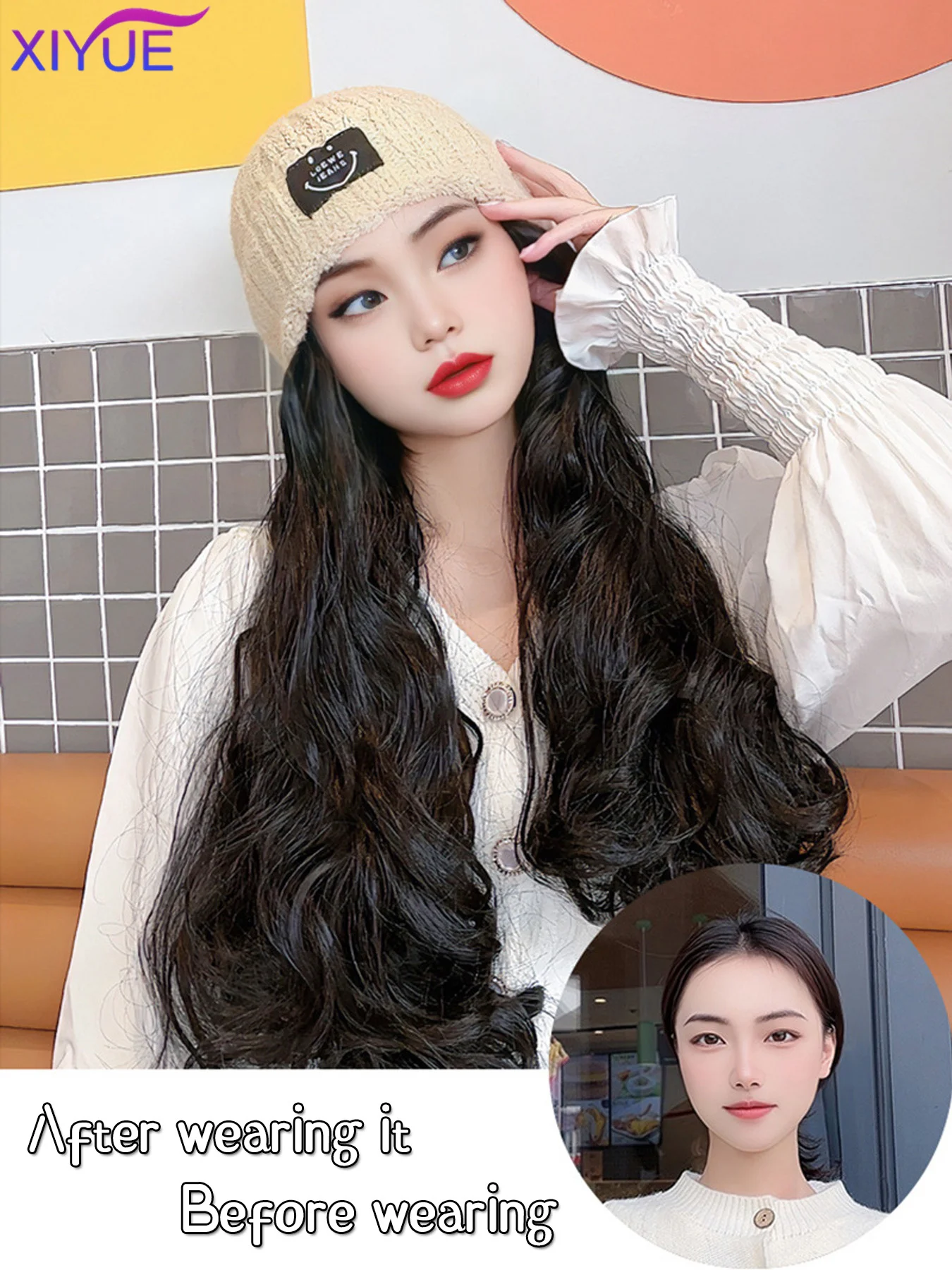 XIYUE Off White Hat Wig Beanies Hat With Hair Wigs For Women Synthetic Long curly hair Warm Ski Plush Knitted Autumn Winter Cap