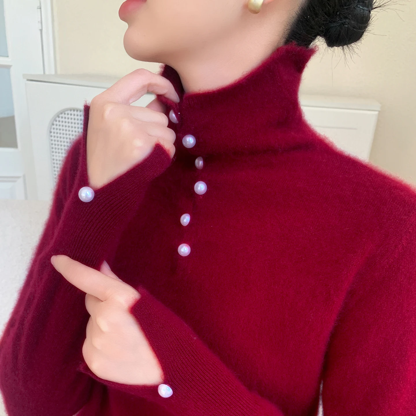 

New Women's 100% Pure Cashmere Pullover Casual Solid Color Knitted Sweater Half Open High Collar Pearl Buckle Tops Warm Jumper