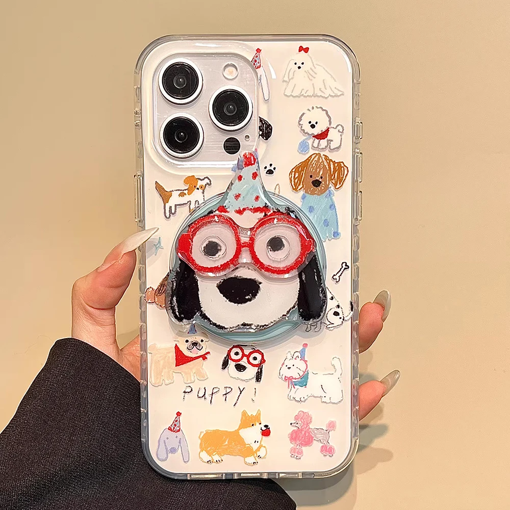 

Cute Puppy Cartoon Dog Magnetic Phone Case for IPhone 16 15 14 Pro Max 13 Cover with Magsafe Stand Holder Silicone Korean Cover