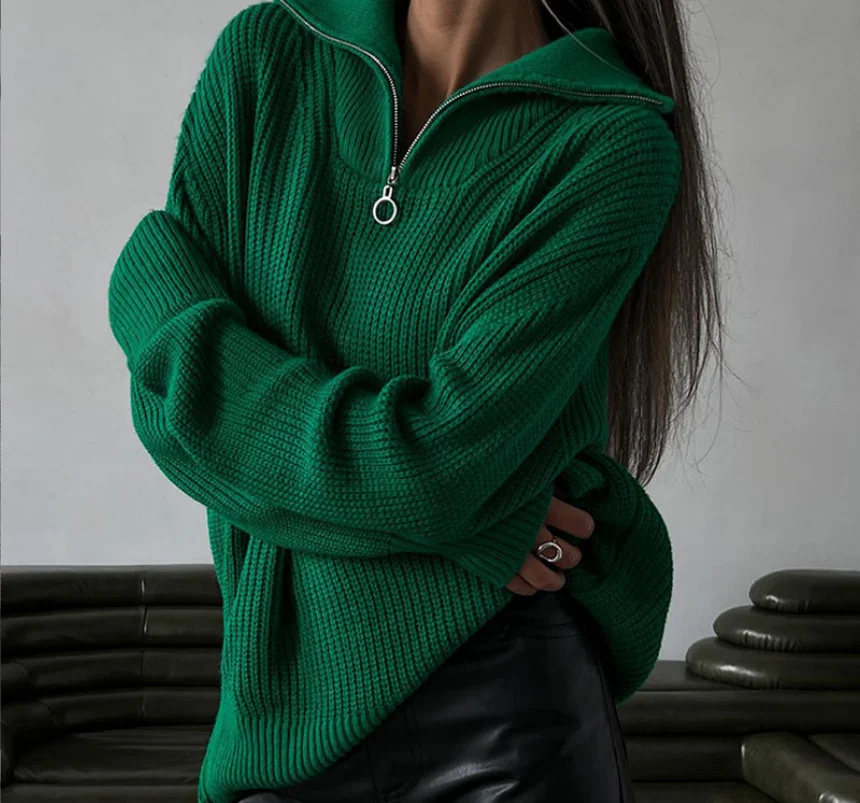 Women\'s Turtleneck Zippers Fashion Women Sweaters Solid Green Blue Pullover Long Sleeve Casual Knitted Sweater Woman