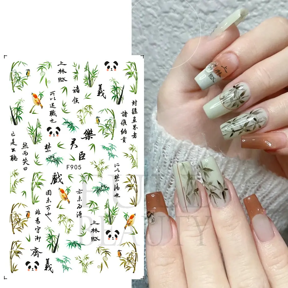 Pegatinas de uñas de estilo de poetría antigua China, calcomanías adhesivas de diseño de flores de peonía de bambú de loto, calcomanías para manicura F898