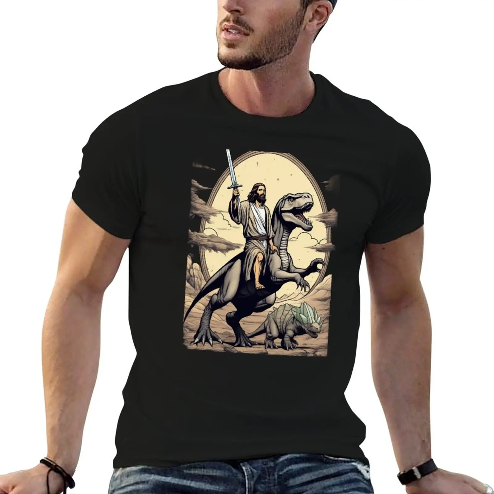 

Jesus Christ riding a dinosaur. The Quirky Tale of Jesus Christ Riding a Dinosaur T-REX: A Funny Twist on Christianity T-Shirt