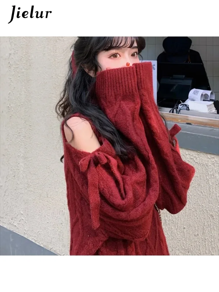 

Jielur Spring Christmas Turtleneck Sweater Women Fashion Twist Long Sleeve Jumper Wine Red New Year Loose Knitwear Pullover