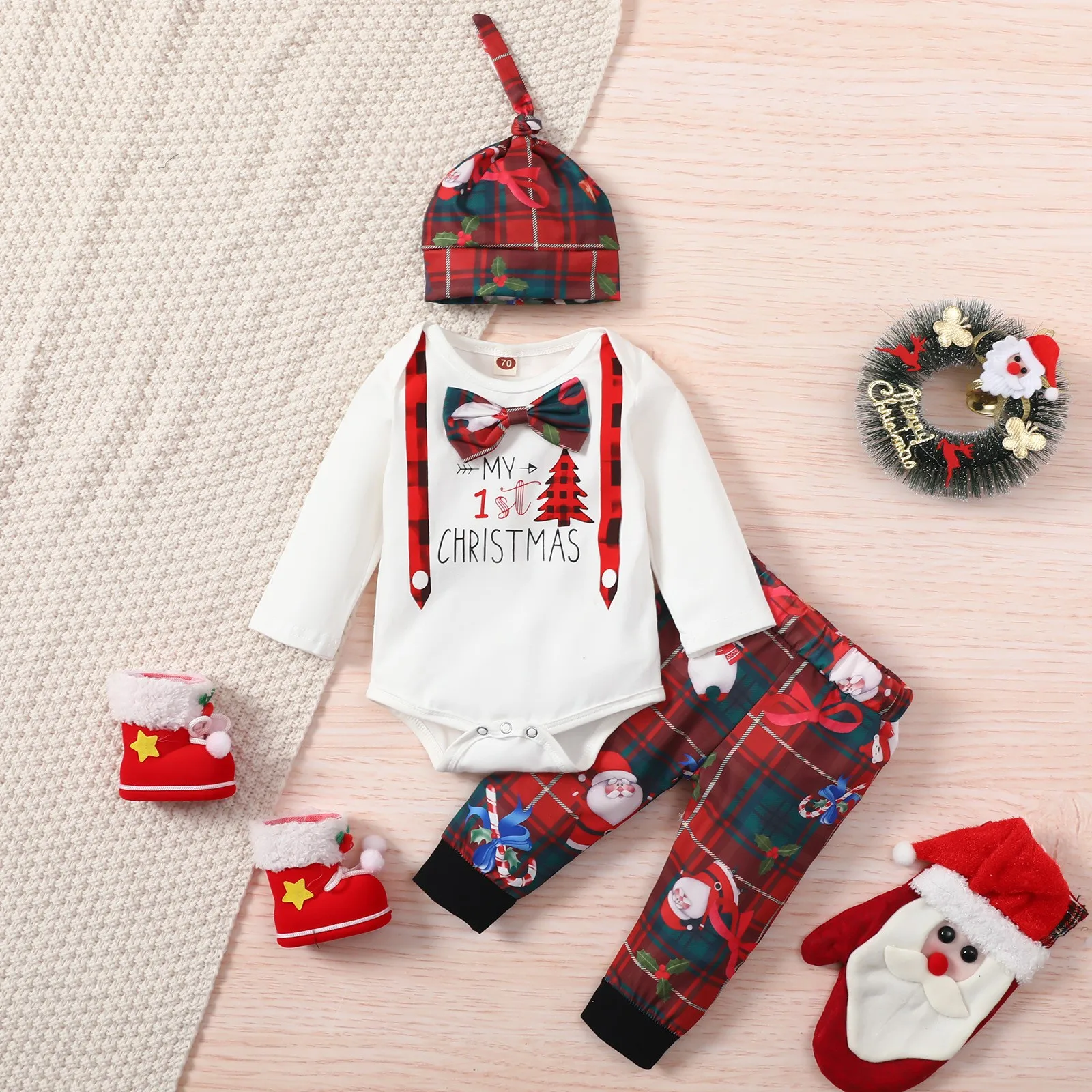 2025 autumn and winter Christmas baby children single hat holiday printed top cartoon printed trousers three-piece suit