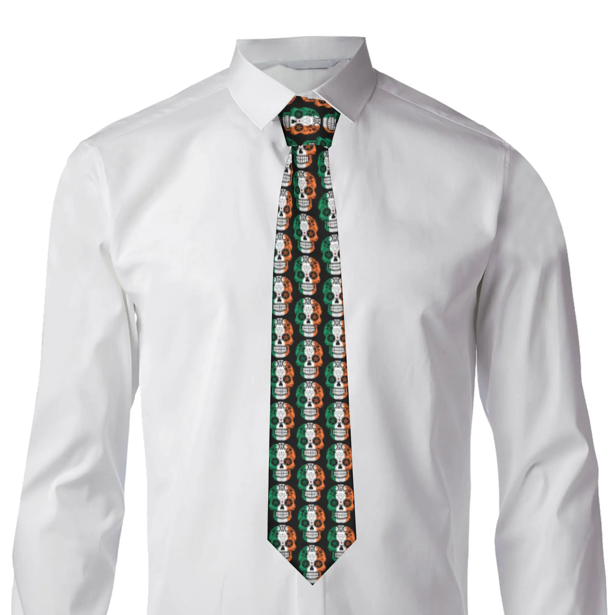 Irish Flag Sugar Skull with Roses Tie Men's Classic Silk  Necktie for Party