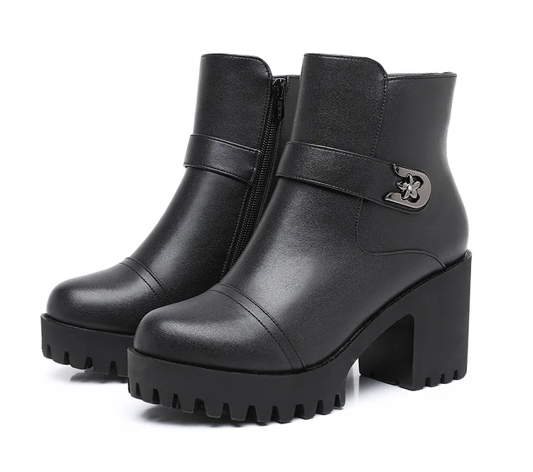 

8 см, размер 32–43, мотоциклетные ботинки на толстой подошве, женская обувь, зимние ботильоны из мягкой кожи на высоком каблуке, офисные ботинки для мам