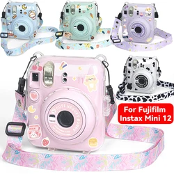 For Fujifilm Instax Mini 12 Transparent Camera Case Protective Carry Bag Cover with Shoulder Strap Storage Bag with Cute Sticker