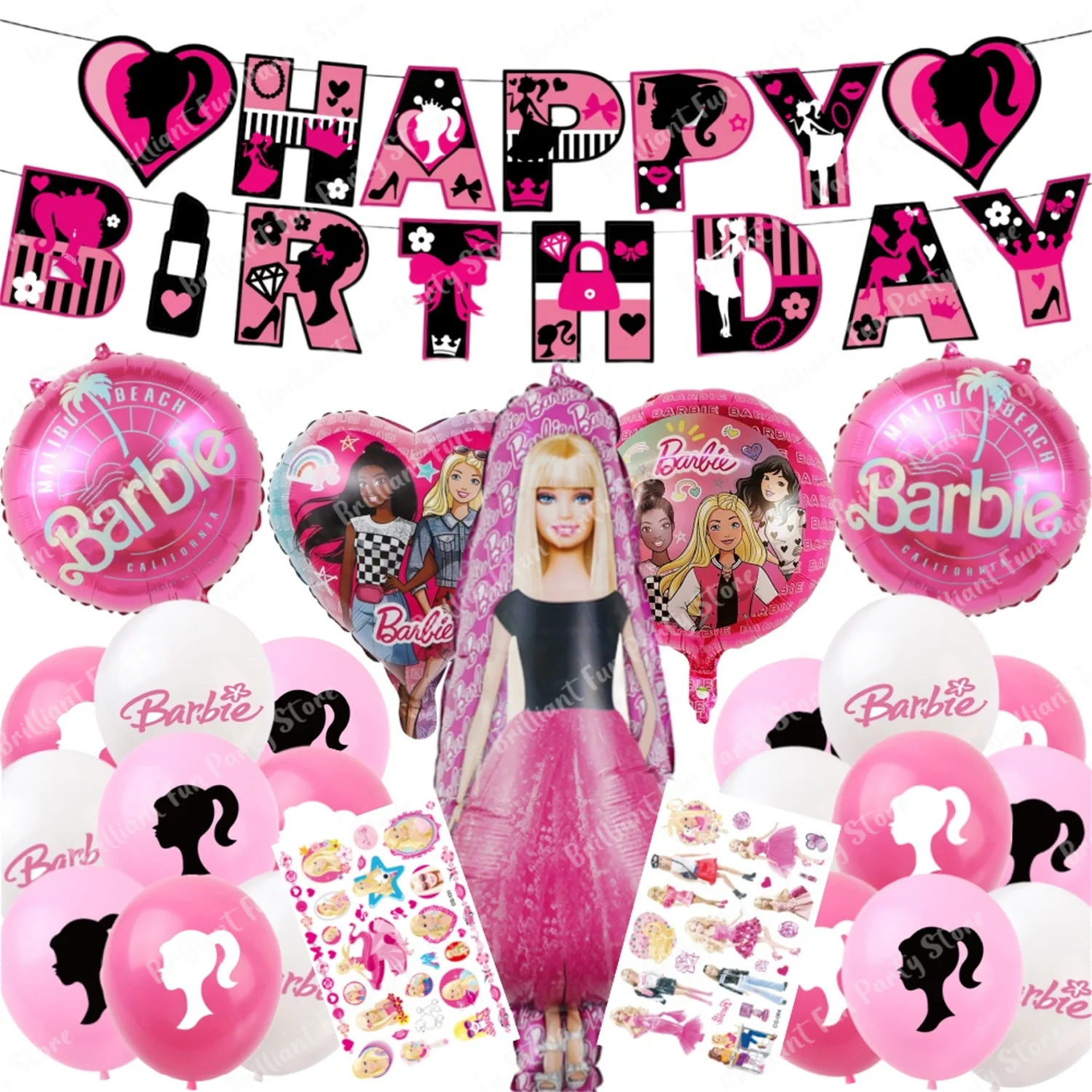 Barbie Birthday Decoration Balloons Set Pink Princess Foil Latex Balloons Baby Shower Decor Banner Sticker Kids Party Supplies