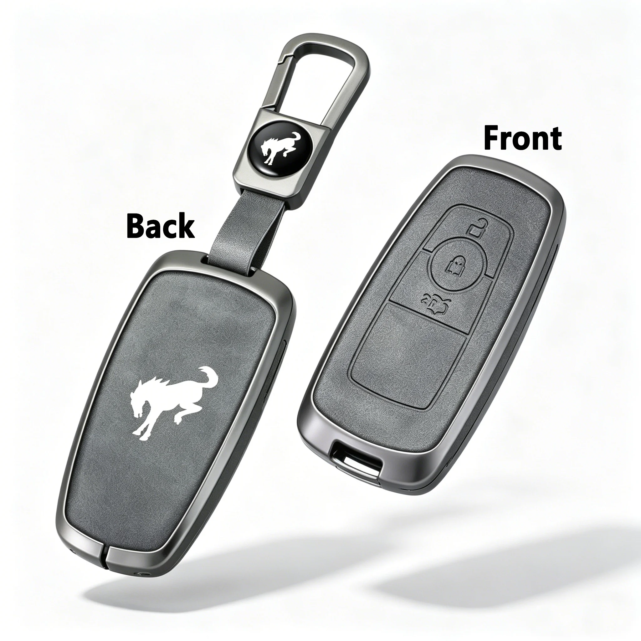 

Gray Leather Key Fob Cover for Ford Mustang 3-Button Smart Key Protector with Mustang Logo Keychain