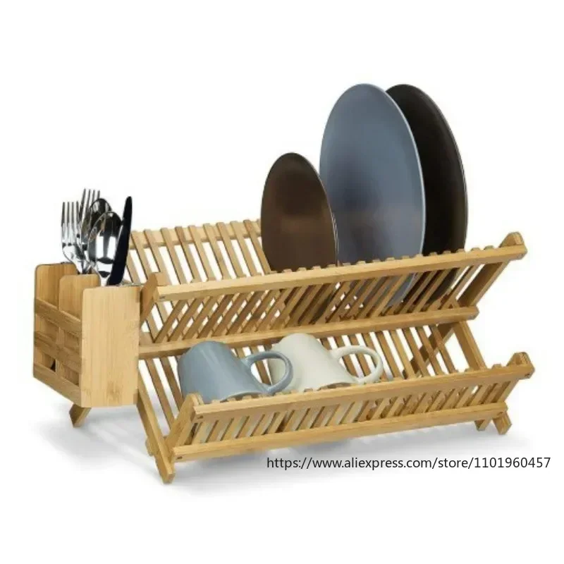 Dish Drainer  Folding Bamboo Serving Utensils Drying Rack Holder Utensil Drainer Plate Storage Holder Plate Wooden