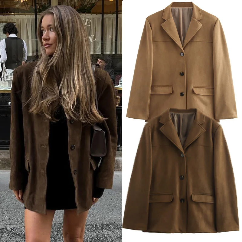 

Женский замшевый пиджак большого размера, шикарное пальто с длинными рукавами и лацканами для женщин, весенне-осенняя модная верхняя одежда, повседневный офисный пиджак