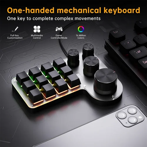 Imagen 2 del producto Teclado mecánico de 3 modos y 12 teclas, 4 perillas, programación personalizada, Macro teclado para juegos, RGB, Bluetooth, 2,4G, teclado con cable USB para PS