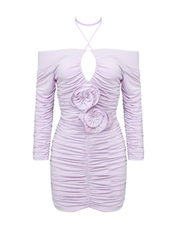 Imagem -05 - Mini Vestido Bodycon de Manga Comprida Feminino Malha Floral Roxo Sexy Elegante Performance de Palco Festa Verão 2023