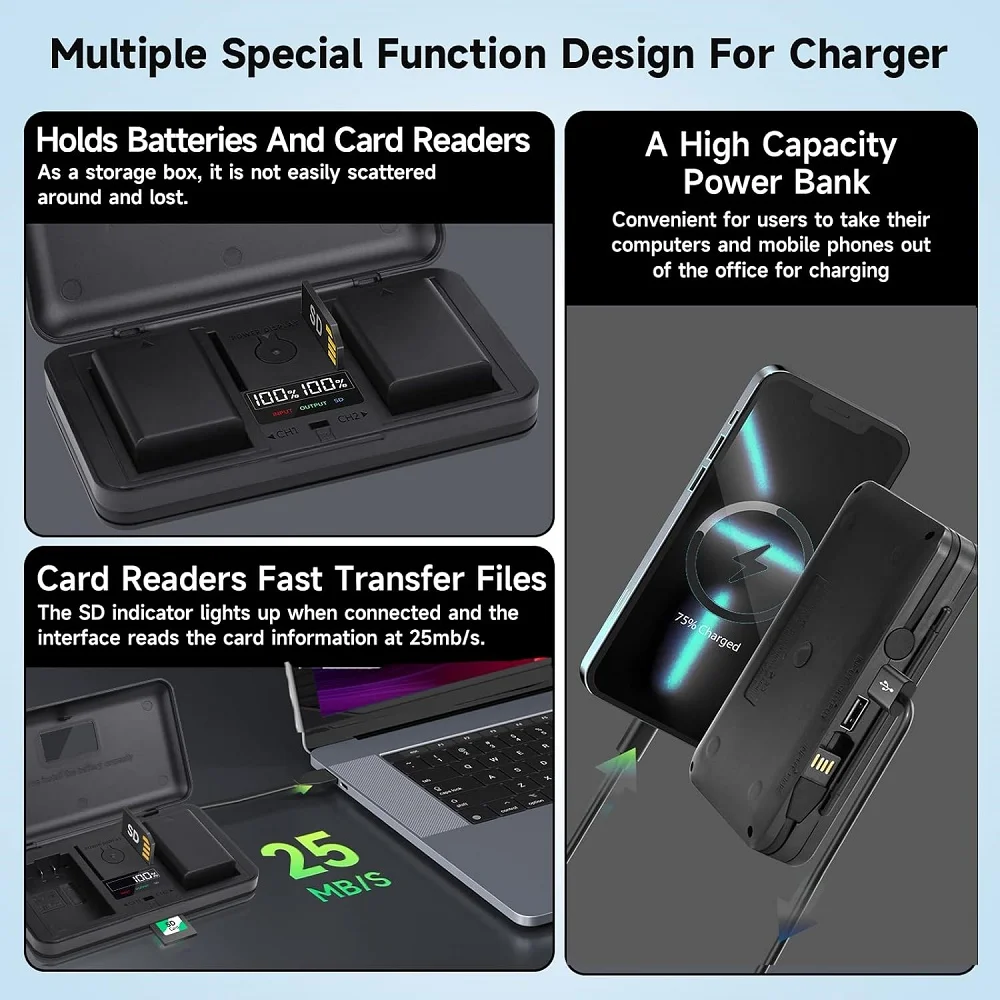 Mcoplus NP-FW50 LCD 듀얼 배터리 충전기, 소니 알파 A6000 A6400 A6100 A6300 A6500 A5100 A7 A7II A7R A7R II A7S A7S II A5000 용