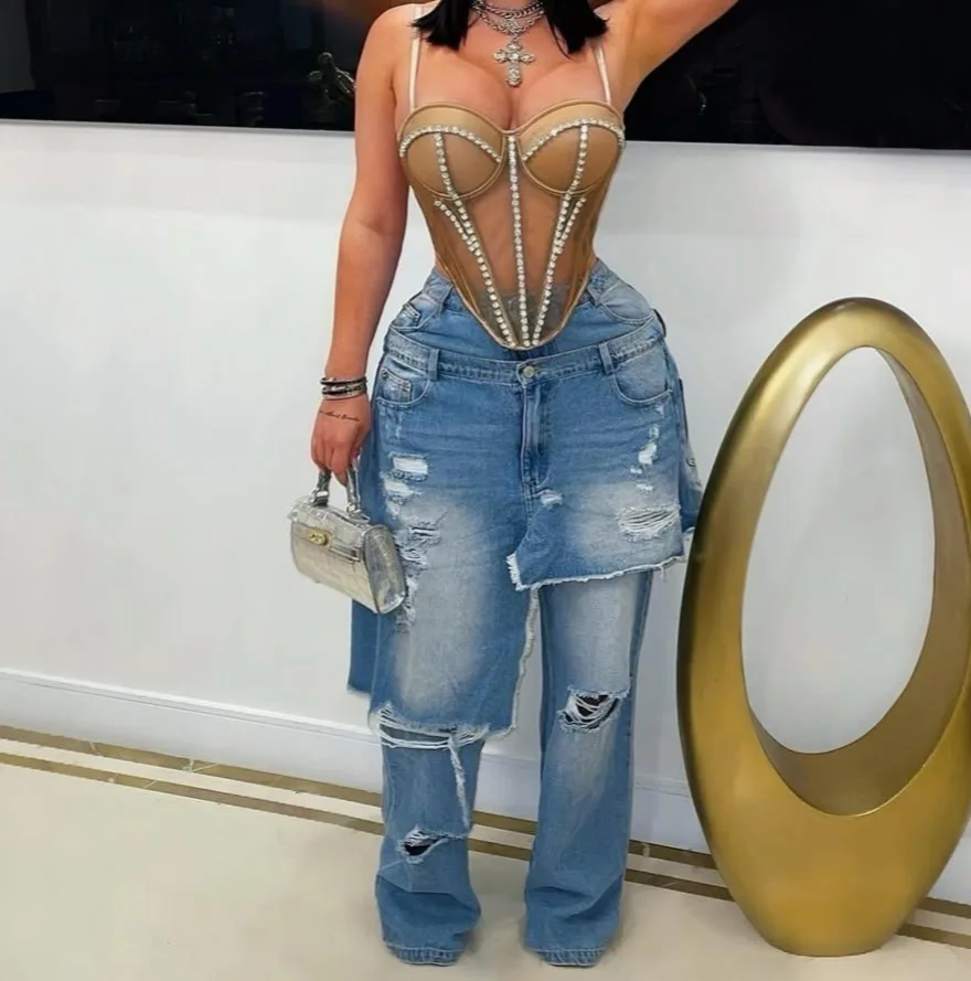 

Women's Patchwork Asymmetric Jeans High Street Holes Wide Leg Vintage Casual Streetwear Fashion Denim Trousers 2025