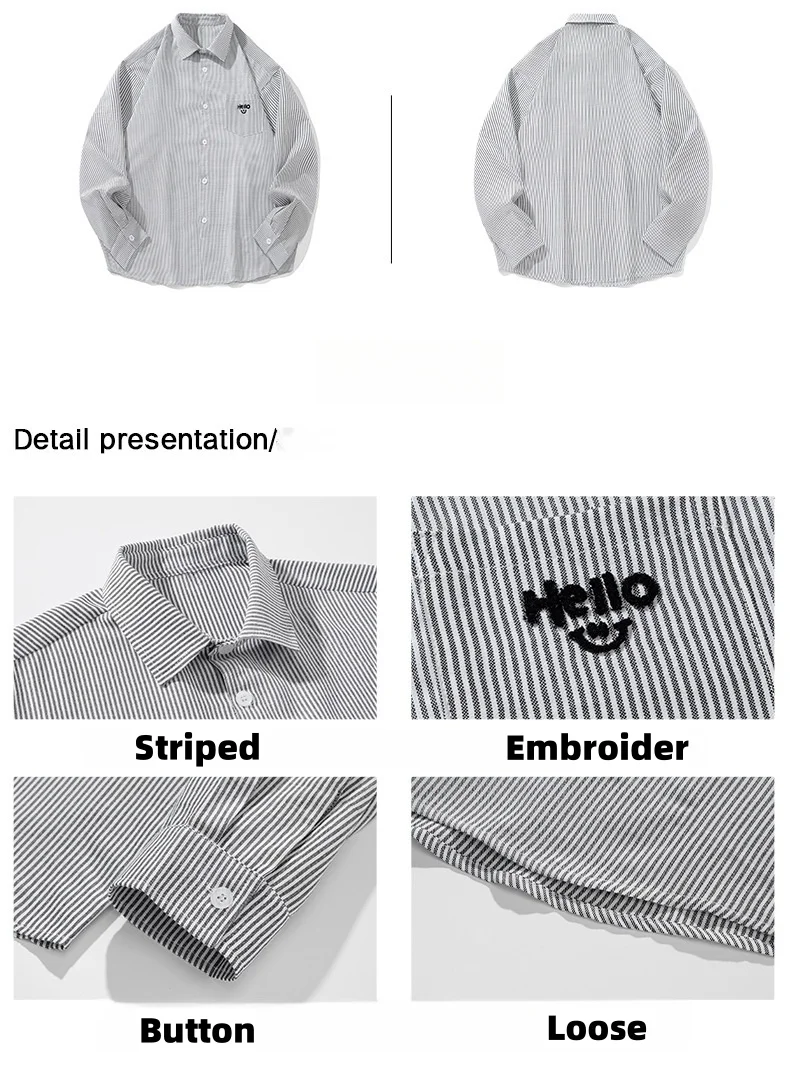 Retro Casual Long Sleeve Shirt Men Women Couple Striped Clashing Design Pocket Loose Shirt Stereoscopic Embroidery Jacket