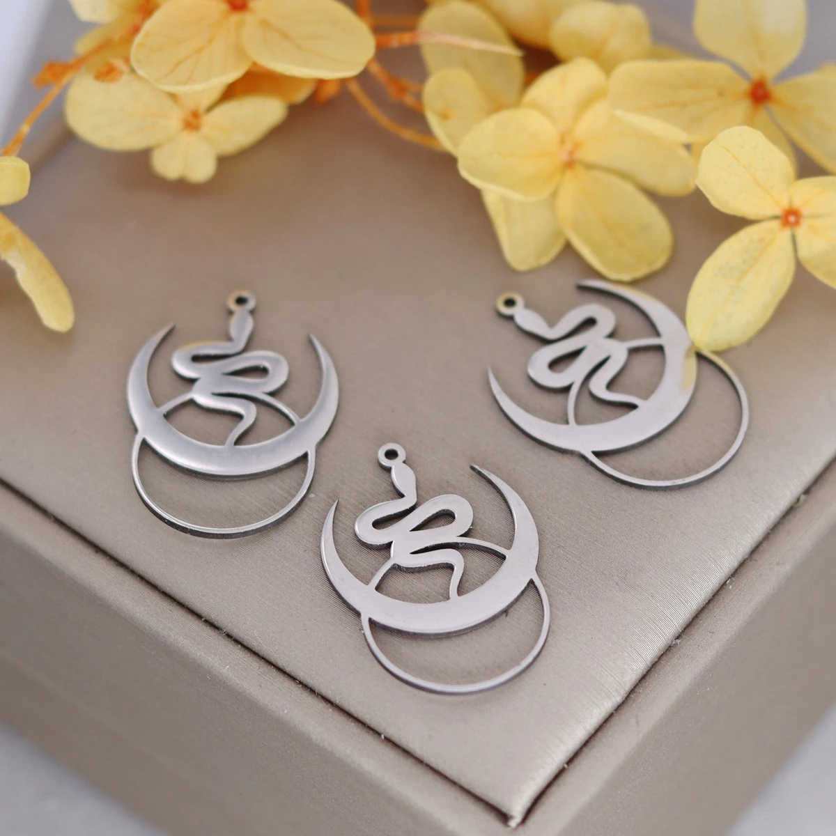 3pcs Crescent Moon Snake Charms Connector DIY Craft Bracelets Necklace Women Charm For Jewelry Making Stainless Steel Pendant