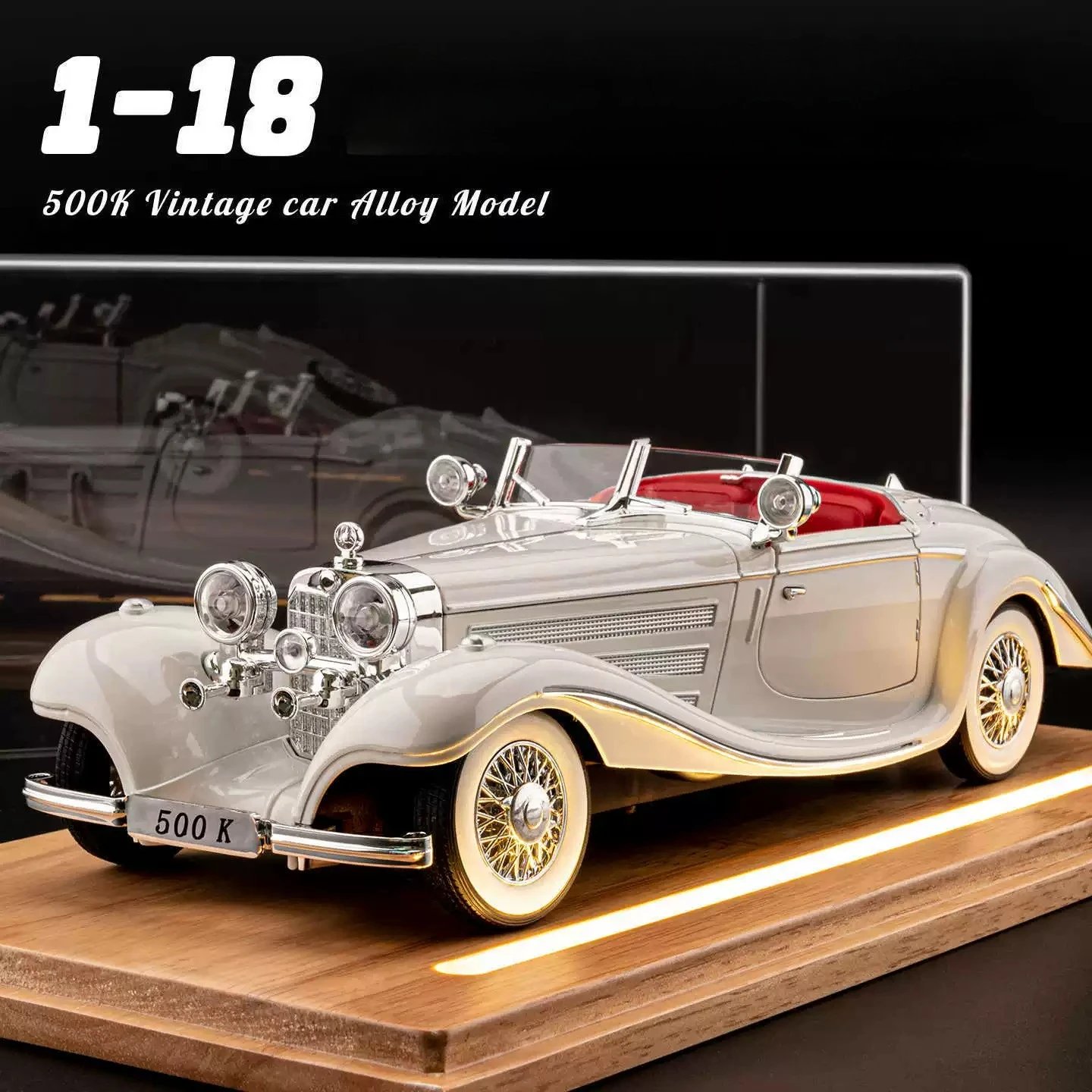 1:18 500K Vintage Car Model Toy Diecasts Alloy Sport Car Toys with Sound and Light Pull Back Vehicles for Gifts